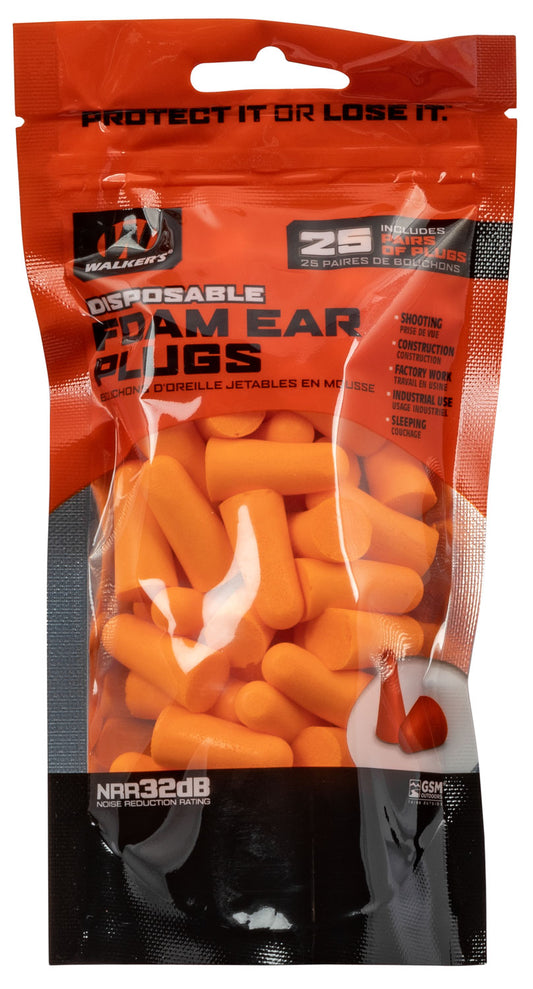 Walkers GWPFP25BAG Foam Ear Plugs Foam 32 DB In The Ear Orange Adult 25 Pair