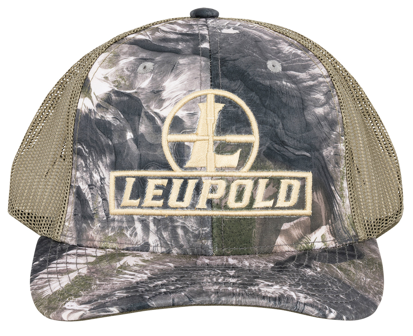 Leupold 182545 Reticle Trucker Hat Mossy Oak/Terra/Khaki Adjustable Snapback OSFA Semi-Structured