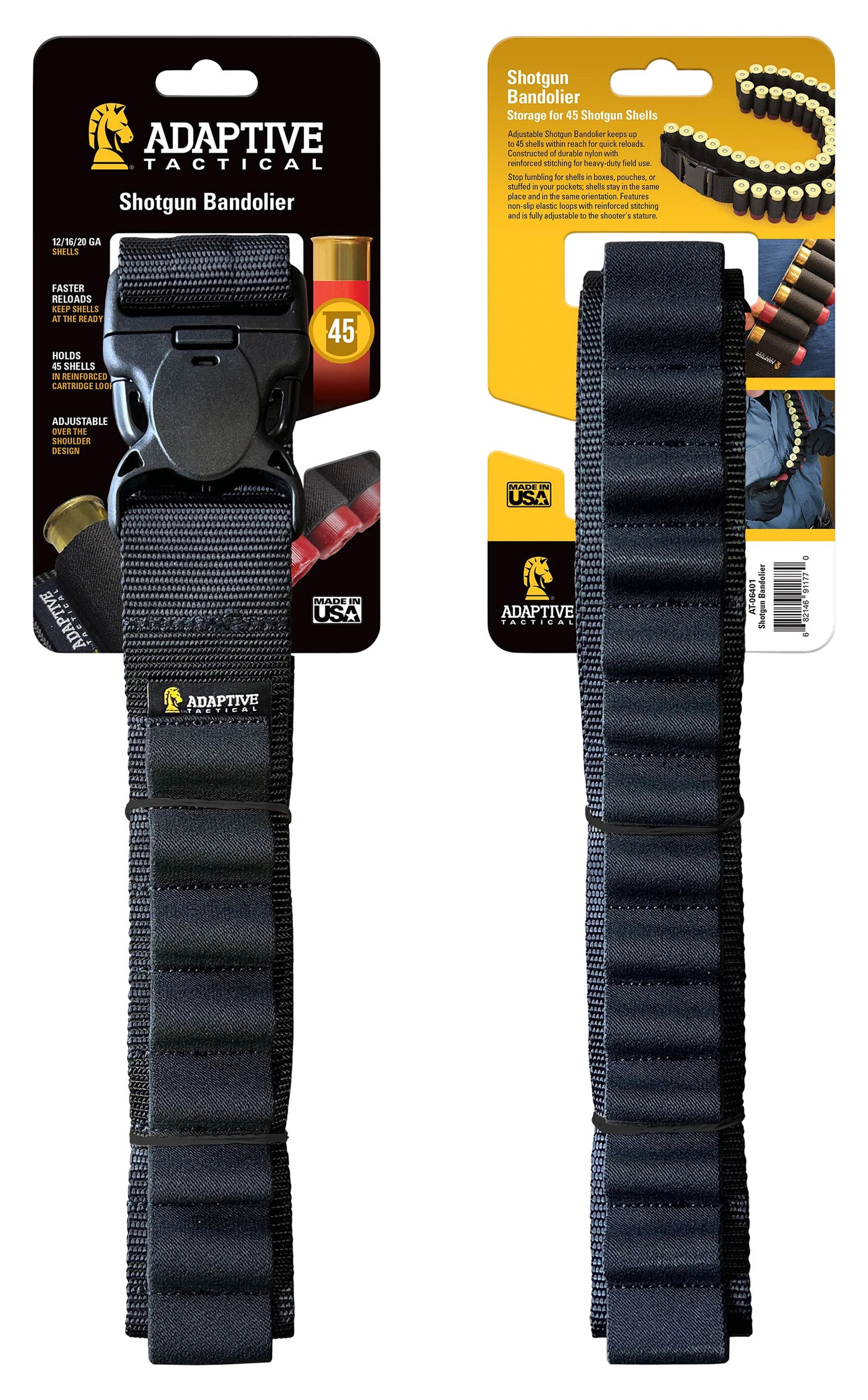 ADAPTIVE TACTICAL AT06401 Shotgun Bandolier 45rd Black Nylon Reinforced, Non-Slip Elastic Loops, Fully Adj. Fit