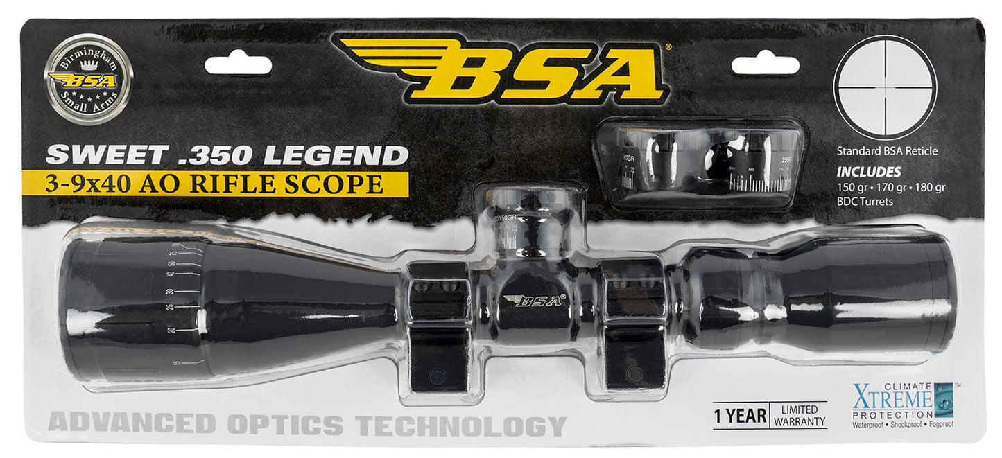 BSA 35039X40AOWRTB Sweet 350 Legend Black Matte 3-9x40mm AO 1" Tube 30/30 Reticle Features Weaver Rings