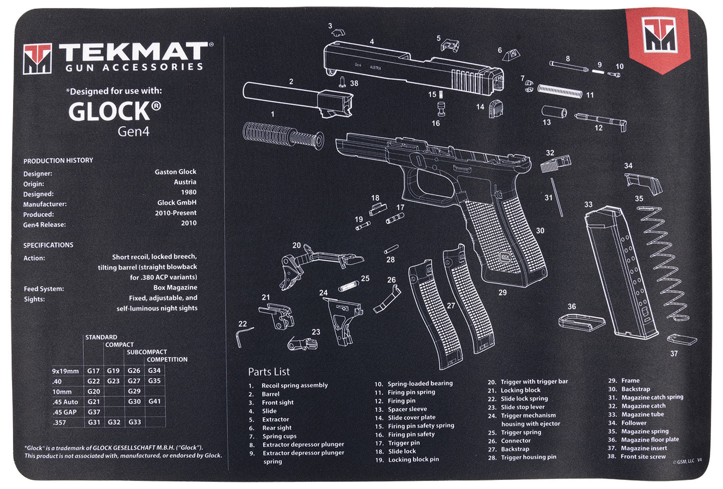 TekMat TEKR17GLOCKG4 Glock Gen4 Cleaning Mat Glock Gen4 Parts Diagram 11" X 17"